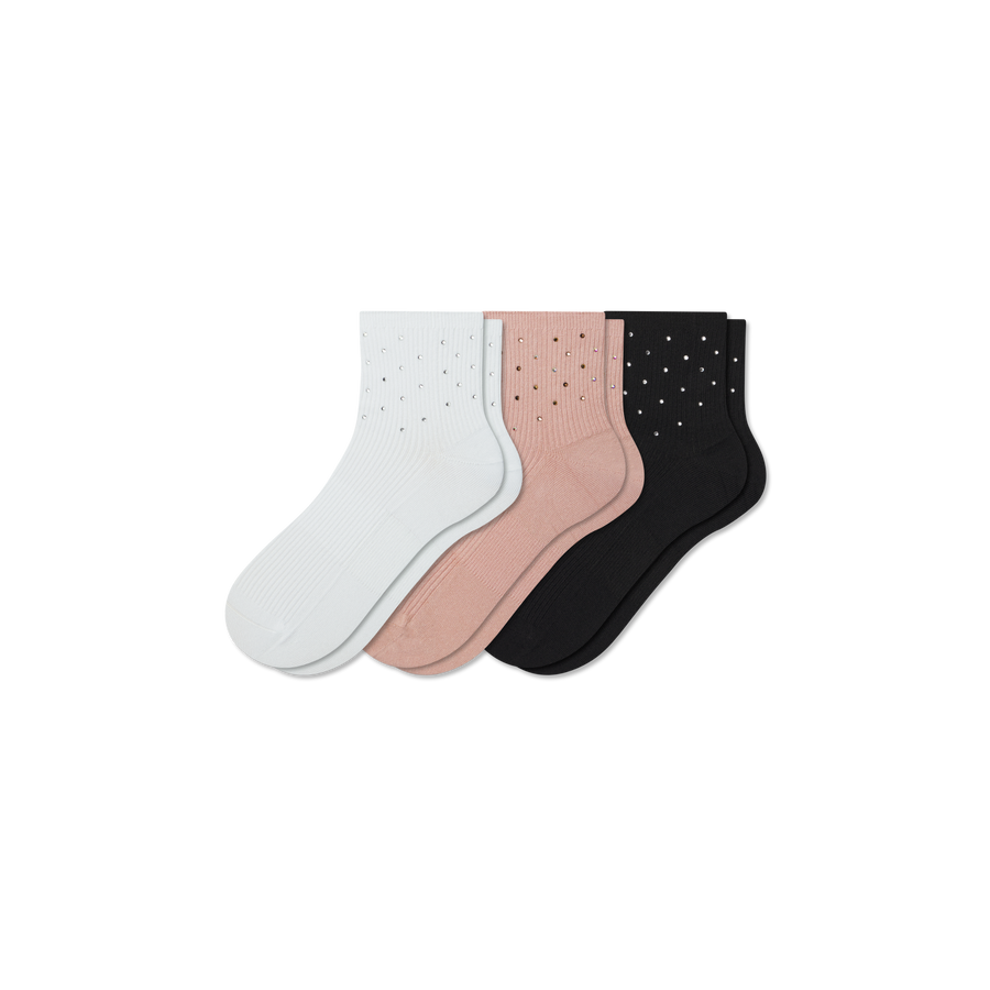 Women’s Rhinestone Rib Quarter Sock 3-Pack - Soft Weekend Step